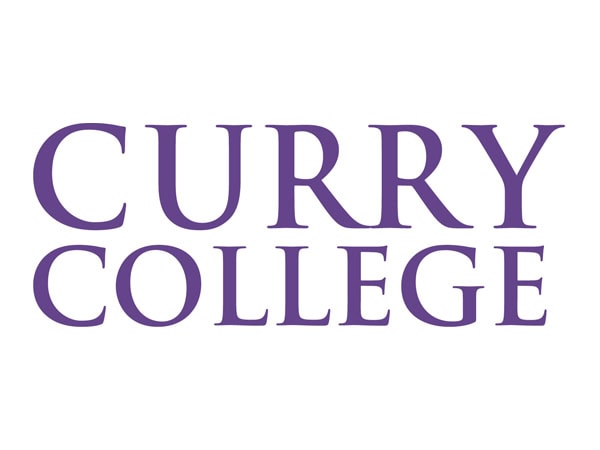 The image shows the words CURRY COLLEGE in large, purple, uppercase serif letters on a white background.