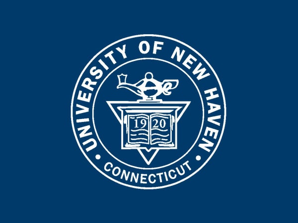 University of New Haven seal featuring a lamp, book, and 