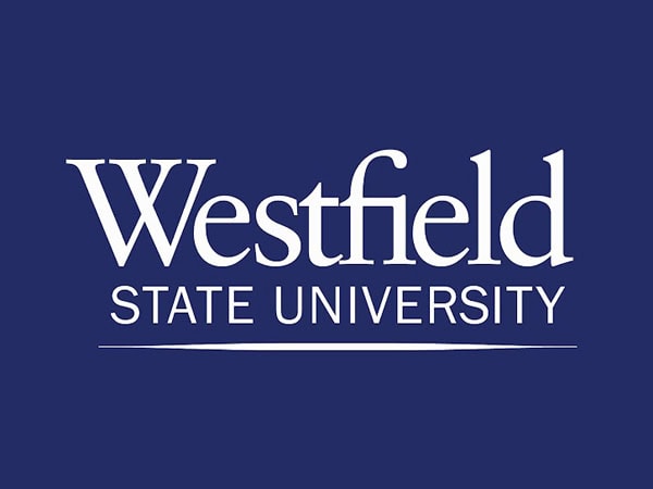 White text on a dark blue background reads Westfield State University with a horizontal line below STATE UNIVERSITY.